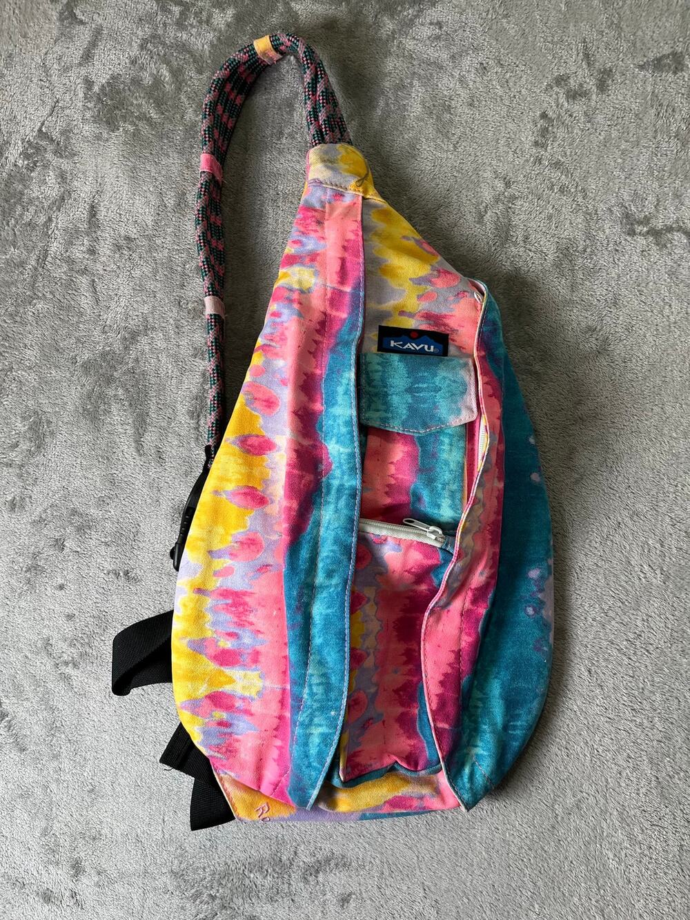 KAVU Rope Sling Bag Tie Dye Crossbody Backpack Festival Hiking Colorful Cotton